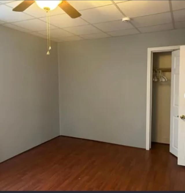 interior space with a paneled ceiling, ceiling fan, a closet, and dark hardwood / wood-style floors