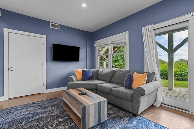 living room featuring plenty of natural light and dark wood-type flooring