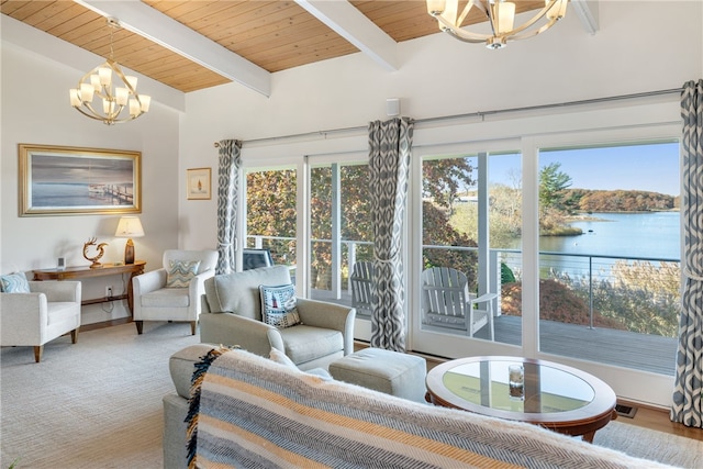 sunroom featuring vaulted ceiling with beams, a water view, wooden ceiling, and an inviting chandelier