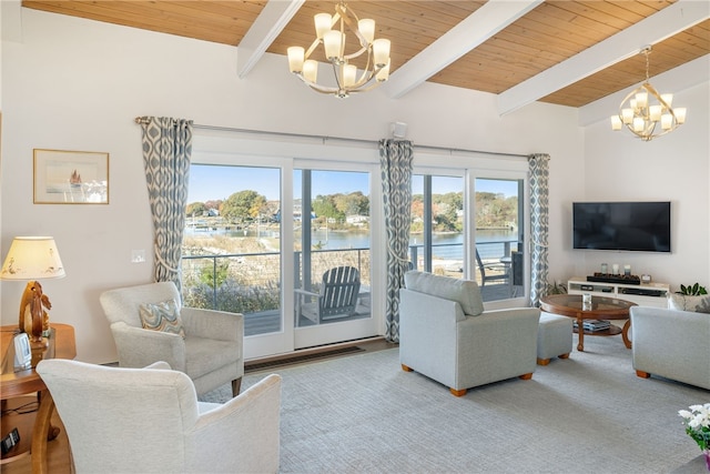 living room featuring beamed ceiling, a chandelier, and wooden ceiling