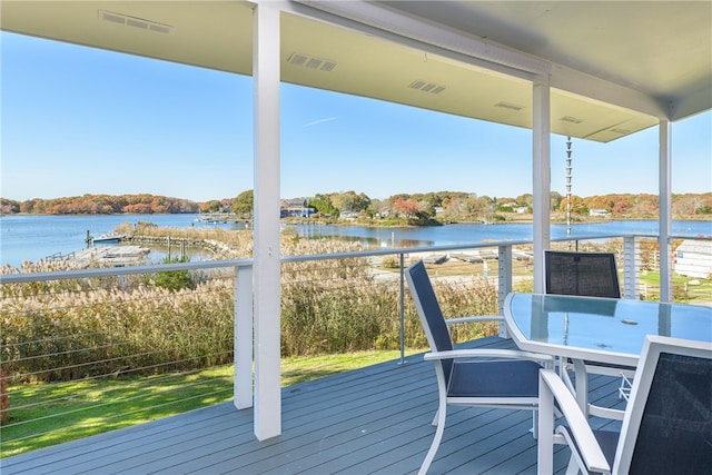 deck featuring a water view