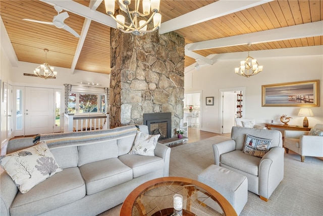 living room with vaulted ceiling with beams, ceiling fan, wood ceiling, and a fireplace