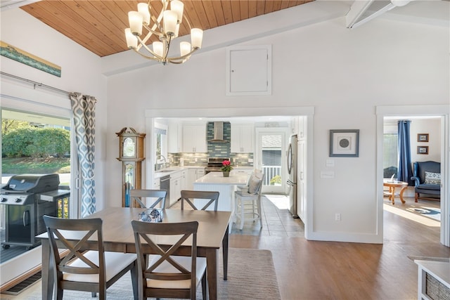 dining room featuring beamed ceiling, wood-type flooring, wooden ceiling, and an inviting chandelier