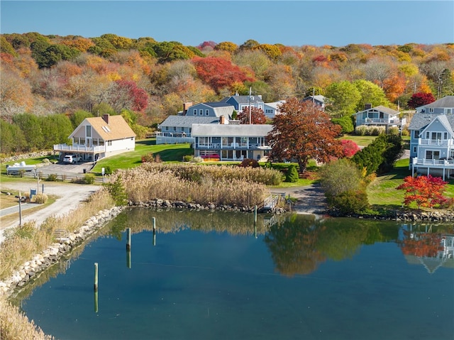 drone / aerial view featuring a water view