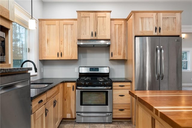 kitchen with wooden counters, a wealth of natural light, stainless steel appliances, and hanging light fixtures