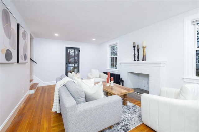 living room featuring wood-type flooring and a fireplace