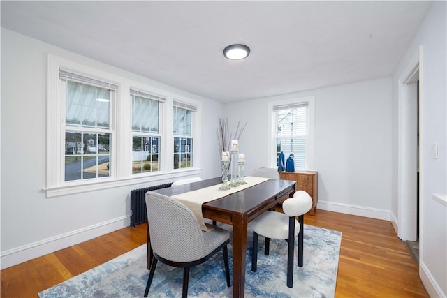 dining room with radiator heating unit and light hardwood / wood-style floors