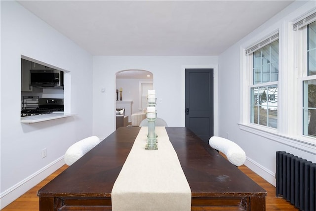 dining space with hardwood / wood-style floors and radiator