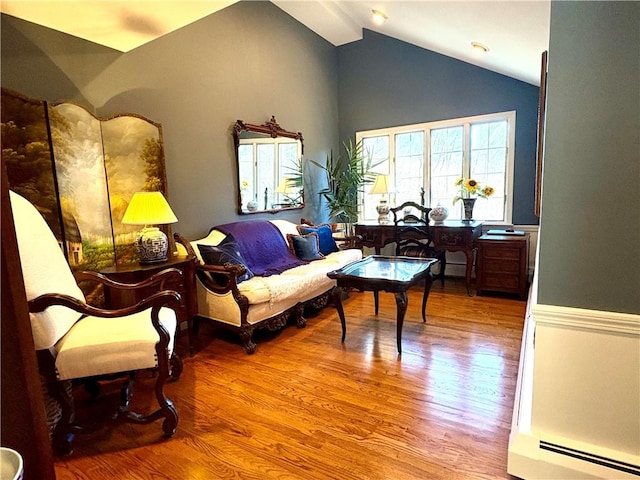 living room with wood-type flooring and vaulted ceiling