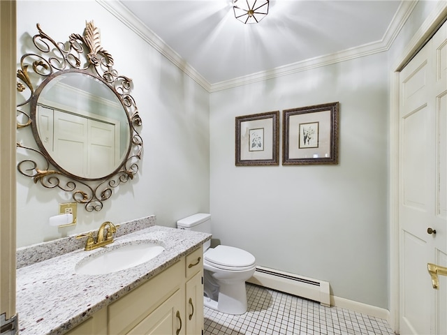 bathroom with a baseboard heating unit, tile patterned floors, toilet, vanity, and ornamental molding