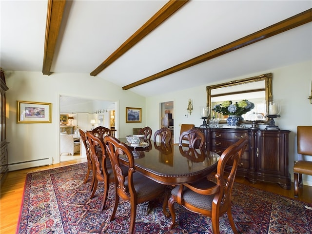 dining area with hardwood / wood-style floors, lofted ceiling with beams, and a baseboard radiator