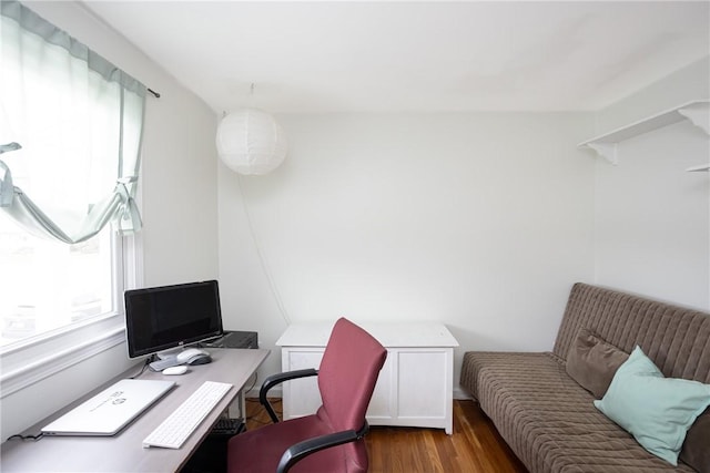 home office with hardwood / wood-style floors