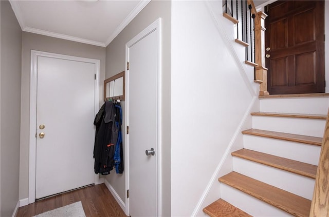 interior space with dark hardwood / wood-style flooring and ornamental molding