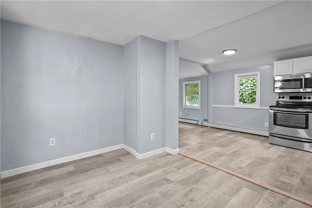 kitchen with white cabinets, light hardwood / wood-style floors, baseboard heating, and stainless steel appliances