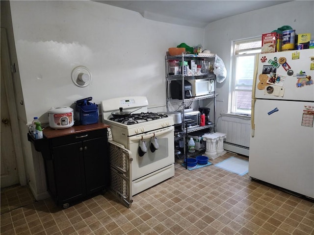 kitchen with white appliances and baseboard heating