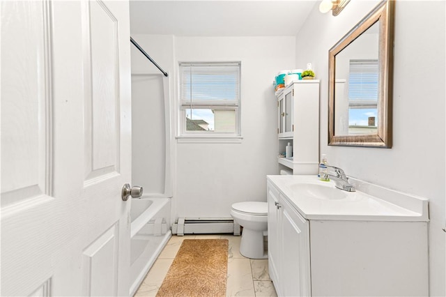 full bathroom featuring tile patterned floors, shower / bathtub combination, vanity, a baseboard radiator, and toilet