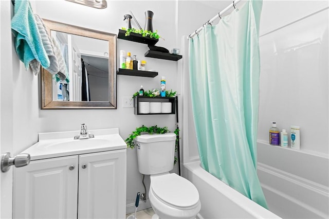 full bathroom with shower / bath combination with curtain, toilet, and vanity