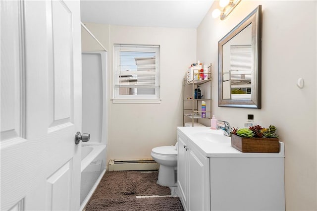 full bathroom featuring vanity, toilet, shower / tub combination, and a baseboard radiator