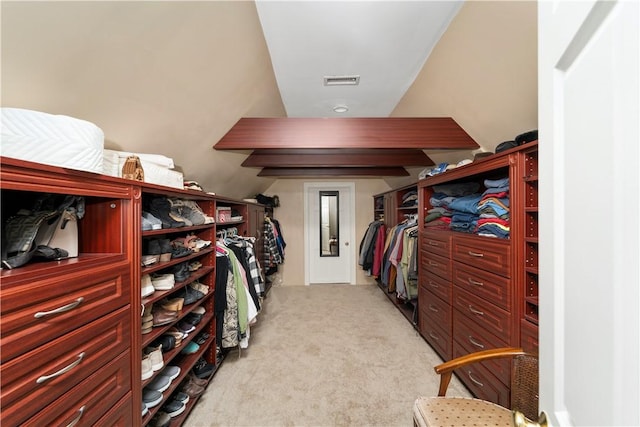 walk in closet with light carpet