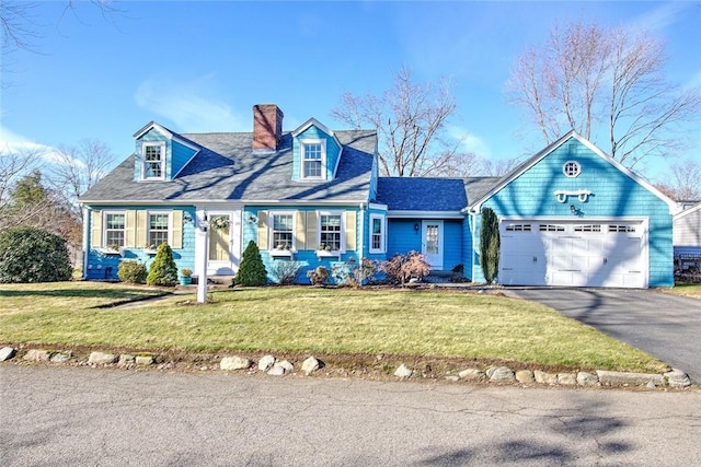 cape cod house featuring a front lawn and a garage