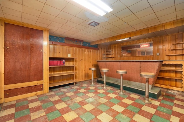 bar featuring wood walls