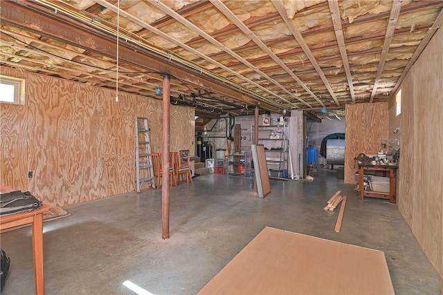 basement featuring wooden walls