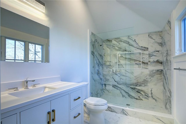 bathroom with vanity, toilet, and tiled shower