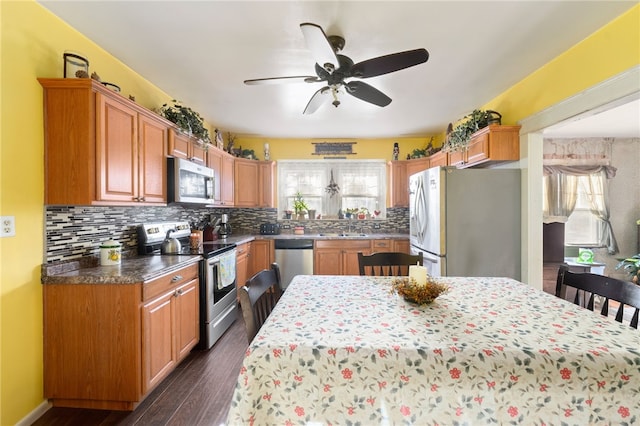 kitchen featuring backsplash, sink, ceiling fan, appliances with stainless steel finishes, and dark hardwood / wood-style flooring