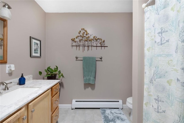 bathroom featuring vanity, toilet, and baseboard heating