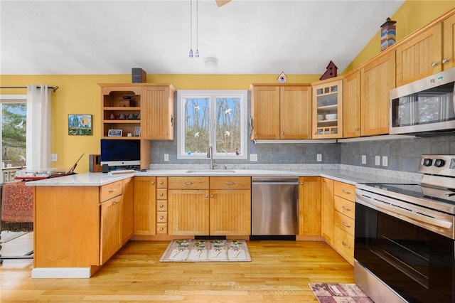 kitchen with decorative backsplash, light hardwood / wood-style floors, sink, and stainless steel appliances