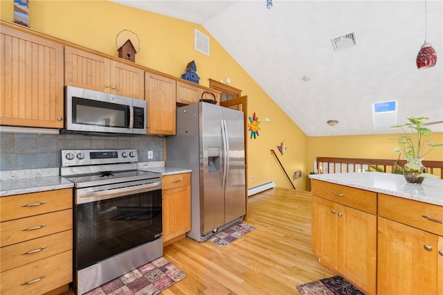 kitchen with light stone countertops, a baseboard heating unit, backsplash, light hardwood / wood-style floors, and appliances with stainless steel finishes