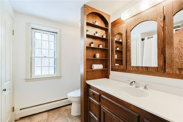 bathroom with a baseboard radiator, curtained shower, toilet, and vanity