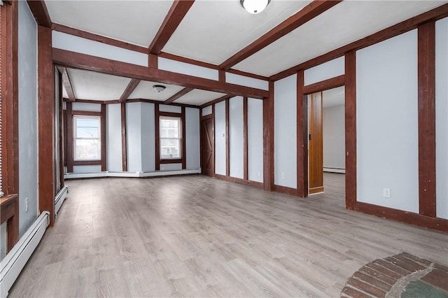 unfurnished living room with light wood-type flooring and a baseboard heating unit