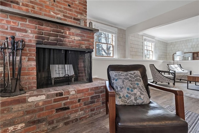 living area with a brick fireplace, a healthy amount of sunlight, baseboard heating, and wood finished floors