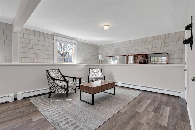 living area featuring baseboard heating and wood finished floors