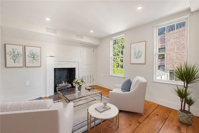 living room featuring a premium fireplace and light hardwood / wood-style flooring