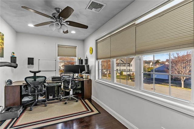 office featuring ceiling fan and hardwood / wood-style floors