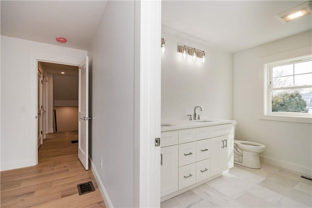 bathroom featuring vanity, toilet, and wood-type flooring