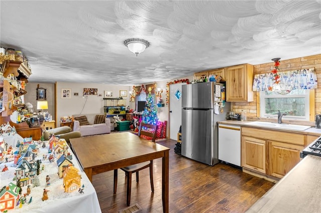 kitchen with dishwasher, sink, stainless steel fridge, decorative light fixtures, and dark hardwood / wood-style flooring