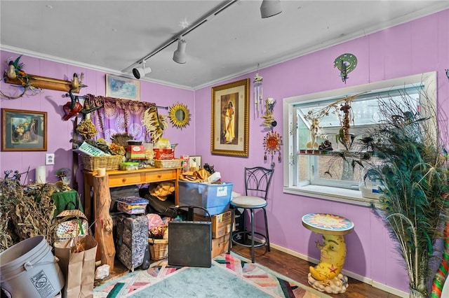 miscellaneous room with hardwood / wood-style floors, track lighting, and ornamental molding