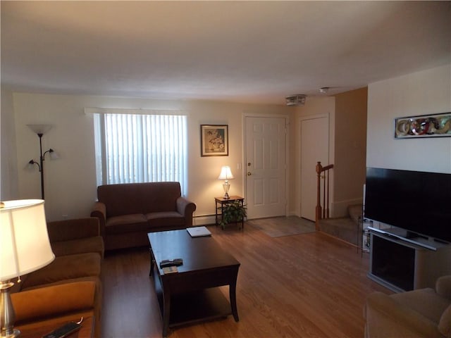 living room with a baseboard radiator and hardwood / wood-style flooring