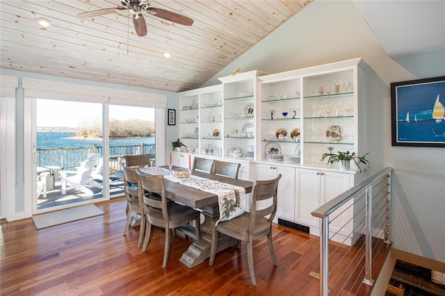 dining room with lofted ceiling, ceiling fan, wooden ceiling, and wood finished floors