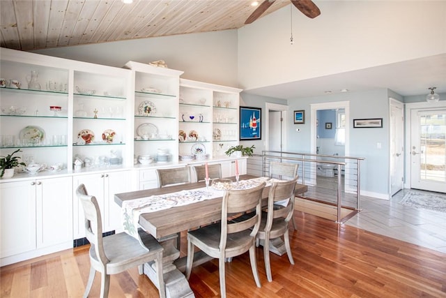 dining area with vaulted ceiling, baseboards, wood ceiling, and light wood-style floors