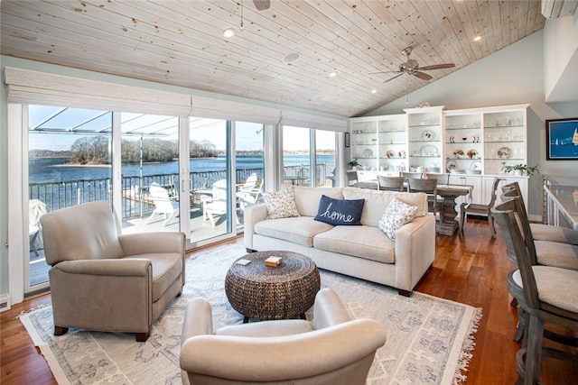 living room with lofted ceiling, ceiling fan, wooden ceiling, a water view, and wood finished floors