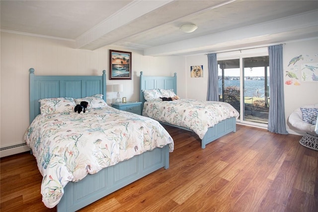 bedroom featuring access to exterior, beam ceiling, crown molding, and wood finished floors