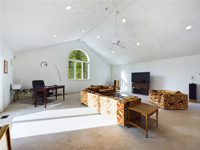 living room featuring ceiling fan, light colored carpet, and lofted ceiling with beams