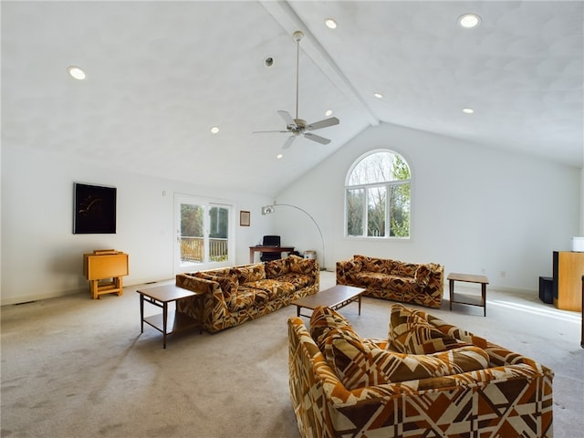 living room featuring vaulted ceiling with beams, ceiling fan, and light colored carpet