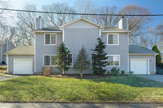 view of front of house with a front yard and a garage