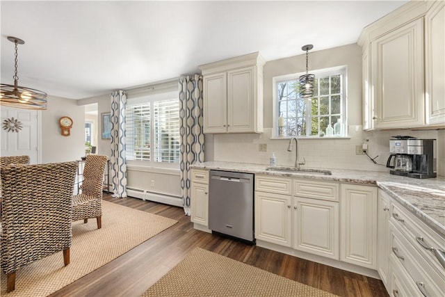 kitchen featuring decorative backsplash, stainless steel dishwasher, sink, decorative light fixtures, and a baseboard radiator