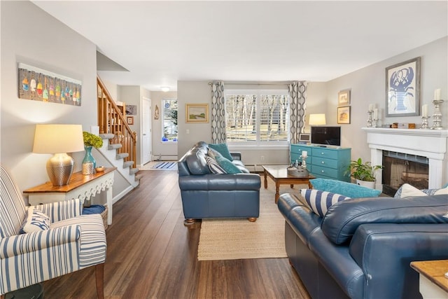 living room with dark wood-type flooring